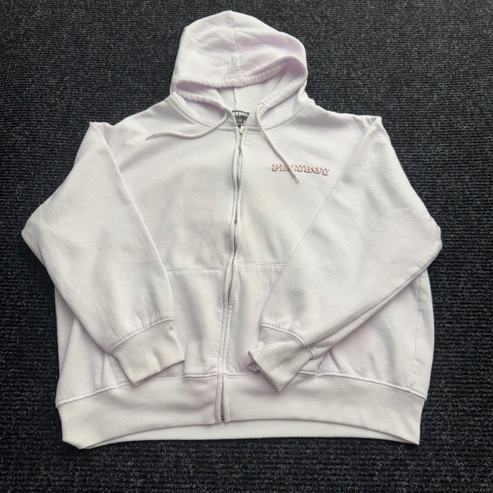 Playboy Lavender Zip Up Hoodie Large Pink Chenille Bunny Logo Sweatshirt Mens L